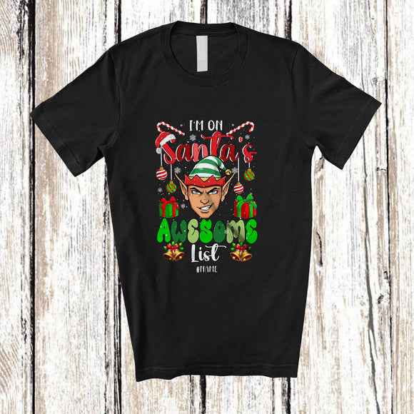 MacnyStore - Personalized Custom Name I'm On Santa's Awesome List; Amazing Christmas Santa Elf Face T-Shirt