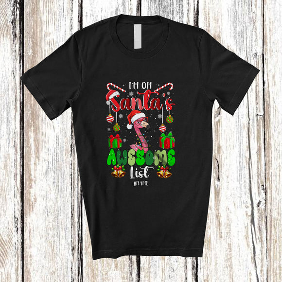 MacnyStore - Personalized Custom Name I'm On Santa's Awesome List; Amazing Christmas Santa Flamingo Face T-Shirt