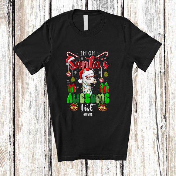 MacnyStore - Personalized Custom Name I'm On Santa's Awesome List; Amazing Christmas Santa Llama Face T-Shirt