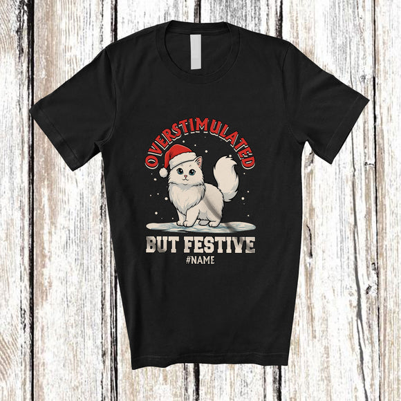 MacnyStore - Personalized Custom Name Overstimulated But Festive; Lovely Christmas Lights Santa Kitten T-Shirt