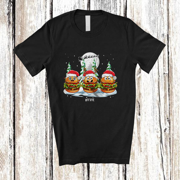 MacnyStore - Personalized Custom Name Three Santa Reindeer Hamburger; Lovely Christmas Moon Tree Food Lover T-Shirt