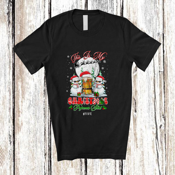 MacnyStore - Personalized Custom Name My Christmas Pajamas Shirt; Joyful Santa Snowman Beer; Drinking T-Shirt