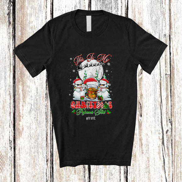 MacnyStore - Personalized Custom Name My Christmas Pajamas Shirt; Joyful Santa Snowman Bourbon; Drinking T-Shirt