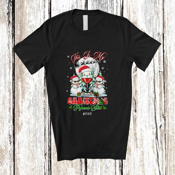 MacnyStore - Personalized Custom Name My Christmas Pajamas Shirt; Joyful Santa Snowman Wine; Drinking T-Shirt