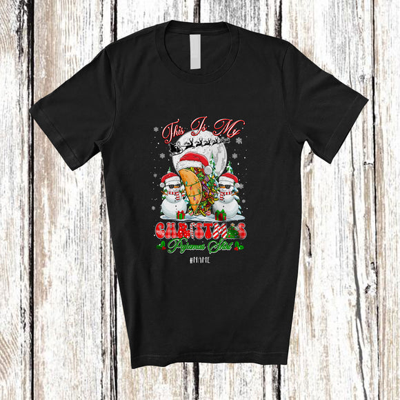 MacnyStore - Personalized Custom Name My Christmas Pajamas Shirt; Joyful Santa Snowman Taco Food T-Shirt