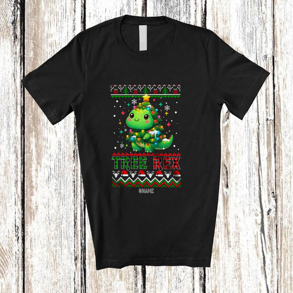MacnyStore - Personalized Custom Name Tree Rex; Lovely Christmas Lights Tree Sweater Plaid T-Rex Dinosaur T-Shirt