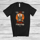 MacnyStore - Personalized Custom Name I Will Stab You Stabby Stab; Creepy Halloween Moon Nurse Skull T-Shirt