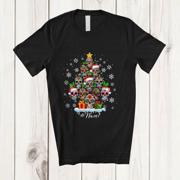 MacnyStore - Personalized Custom Name Sugar Skull Christmas Tree; Humorous X-mas Lights Santa Elf Skull; Family T-Shirt