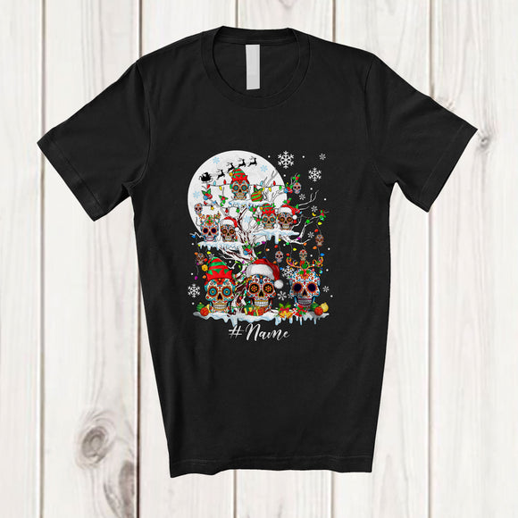 MacnyStore - Personalized Custom Name Sugar Skull On Christmas Tree; Joyful X-mas Lights Santa Elf Skull; Family T-Shirt