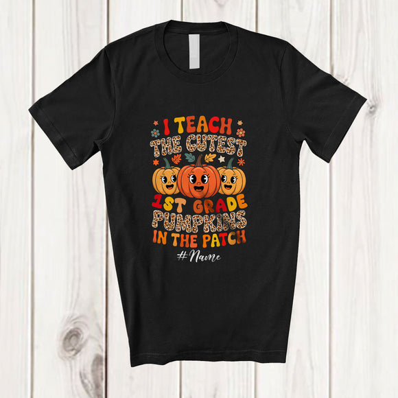 MacnyStore - Personalized Custom Name I Teach Cutest 1st Grade Pumpkins; Lovely Thanksgiving Leopard Teacher T-Shirt