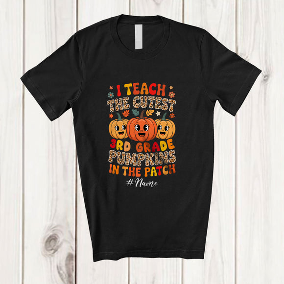 MacnyStore - Personalized Custom Name I Teach Cutest 3rd Grade Pumpkins; Lovely Thanksgiving Leopard Teacher T-Shirt