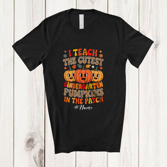 MacnyStore - Personalized Custom Name I Teach Cutest Kindergarten Pumpkins; Lovely Thanksgiving Leopard Teacher T-Shirt