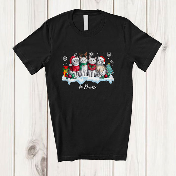 MacnyStore - Personalized Custom Name Four X-mas Santa Kitten Painting Draw; Amusing Christmas Family T-Shirt