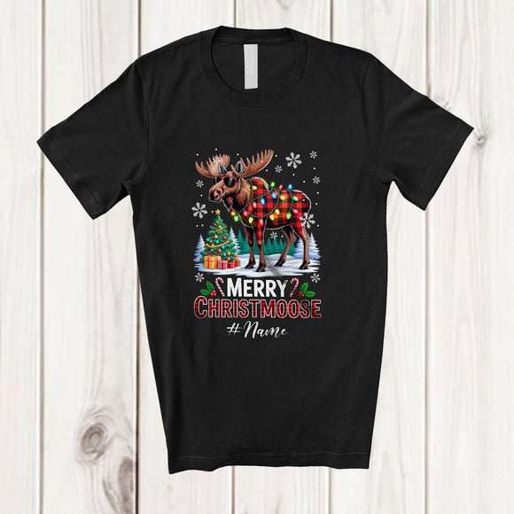 MacnyStore - Personalized Custom Name Merry Christmoose; Joyful Plaid Christmas Santa Moose X-mas Lights T-Shirt