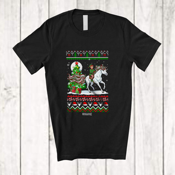 MacnyStore - Personalized Custom Name Elf Riding Unicorn; Amazing Christmas Sweater Family Group T-Shirt