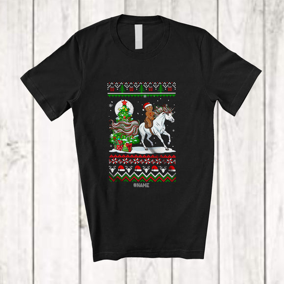 MacnyStore - Personalized Custom Name Gingerbread Riding Unicorn; Amazing Christmas Sweater Family Group T-Shirt