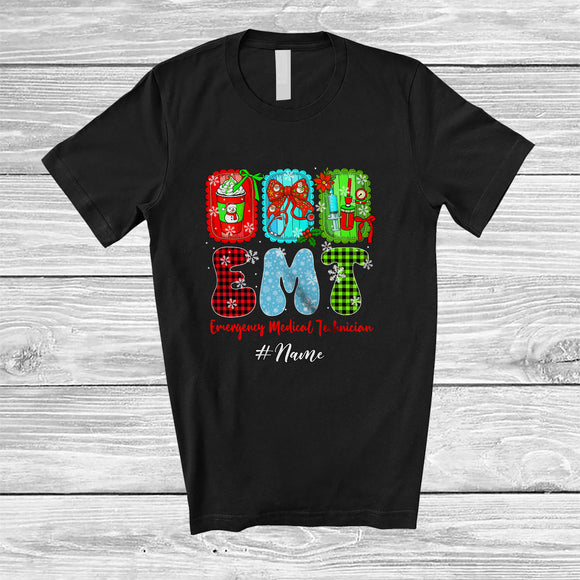 MacnyStore - Personalized Custom Name EMT Nurse; Lovely Christmas Plaid Coffee Bow Tie; Women Family T-Shirt
