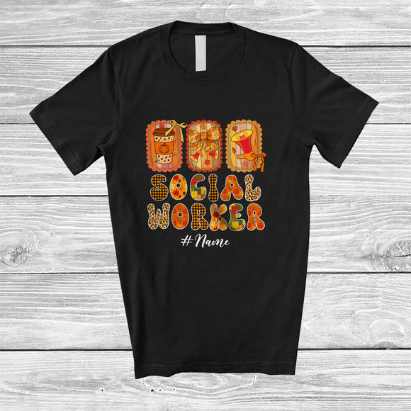 MacnyStore - Personalized Custom Name Social Worker; Lovely Thanksgiving Fall Coffee Bow Tie; Women Family T-Shirt