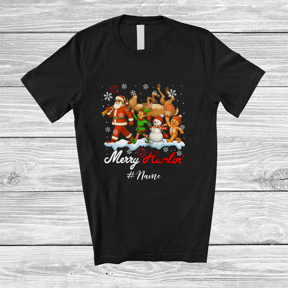 MacnyStore - Personalized Custom Name Merry Huntin'; Joyful Christmas Santa Elf Snowman Hunting; Hunter T-Shirt
