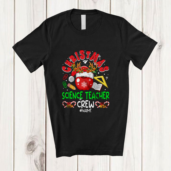 MacnyStore - Personalized Custom Name Christmas Science Teacher Crew; Lovely Santa Reindeer Teaching T-Shirt