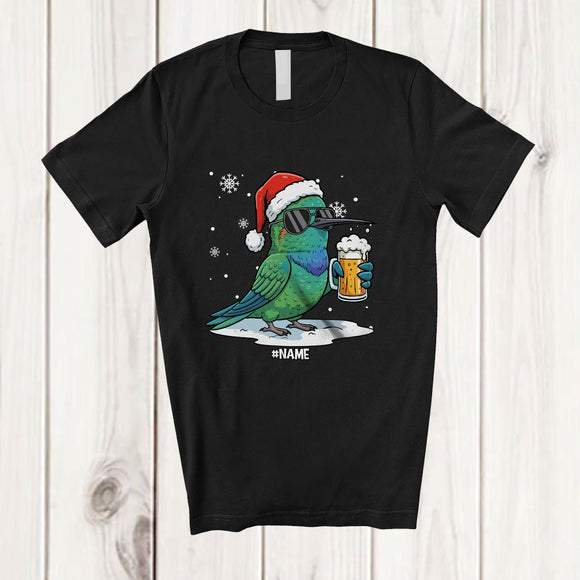 MacnyStore - Personalized Custom Name Hummingbird Santa Drinking Beer; Joyful Christmas Drunker T-Shirt