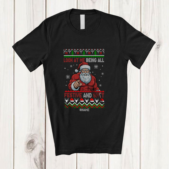 MacnyStore - Personalized Custom Name Being All Festive Sh*t; Joyful Christmas Sweater Naughty Angry Santa T-Shirt