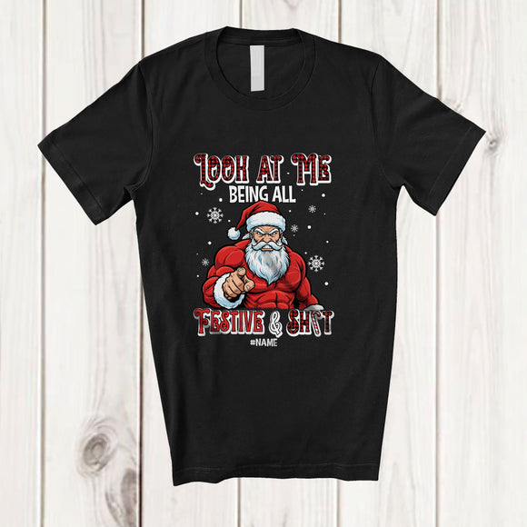 MacnyStore - Personalized Custom Name Being All Festive Sh*t; Joyful Christmas Plaid Naughty Angry Santa T-Shirt