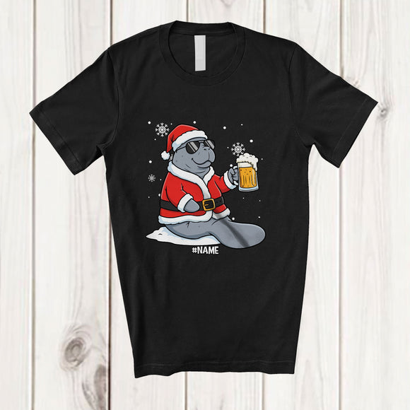 MacnyStore - Personalized Custom Name Manatee Santa Sunglasses Drinking Beer; Joyful Christmas Drunker T-Shirt