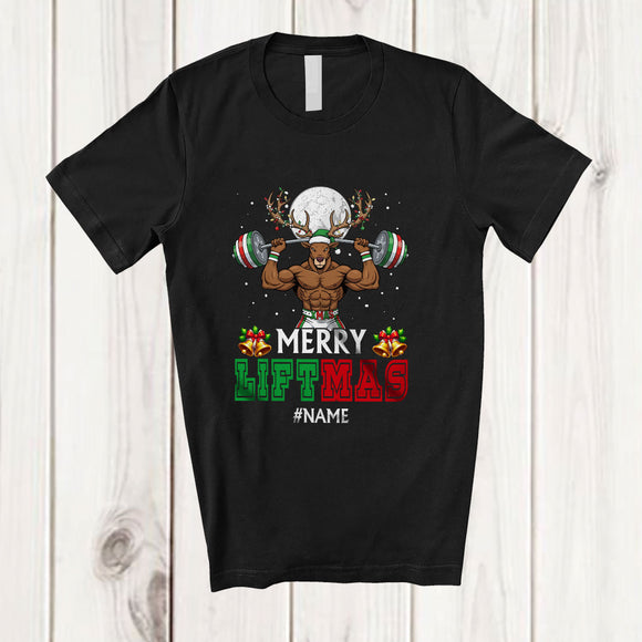 MacnyStore - Personalized Custom Name Merry Liftmas; Humorous Christmas Reindeer Weight Lifting; Workout T-Shirt