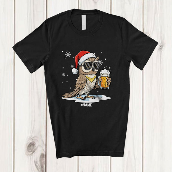 MacnyStore - Personalized Custom Name Owl Santa Sunglasses Drinking Beer; Joyful Christmas Drunker T-Shirt