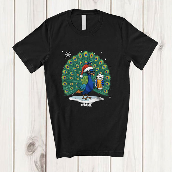 MacnyStore - Personalized Custom Name Peacock Santa Sunglasses Drinking Beer; Joyful Christmas Drunker T-Shirt