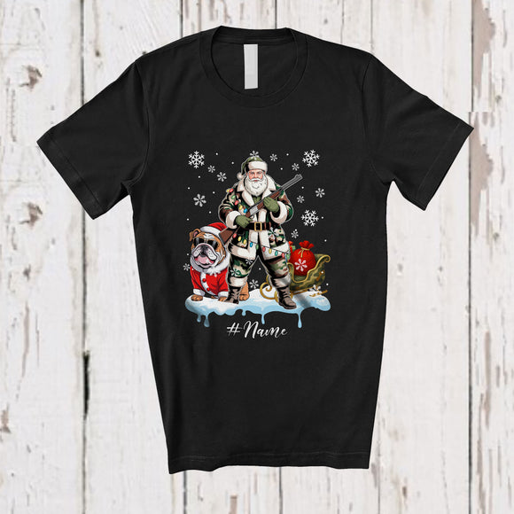 MacnyStore - Personalized Custom Name Santa Go Hunting Bulldog; Awesome Christmas Lights Hunter T-Shirt