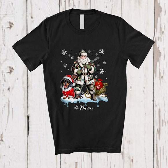 MacnyStore - Personalized Custom Name Santa Go Hunting Dachshund; Awesome Christmas Lights Hunter T-Shirt