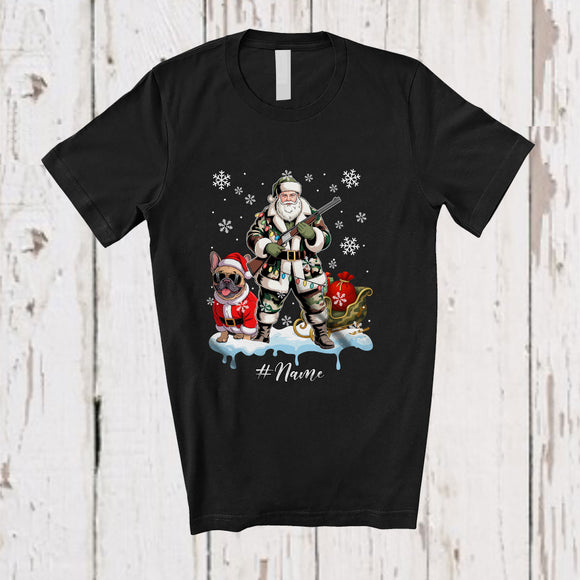 MacnyStore - Personalized Custom Name Santa Go Hunting French Bulldog; Awesome Christmas Lights Hunter T-Shirt