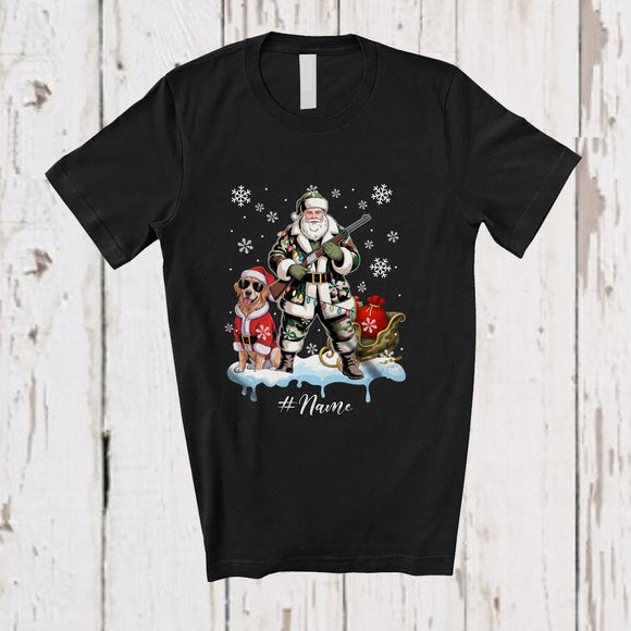 MacnyStore - Personalized Custom Name Santa Go Hunting Golden Retriever; Awesome Christmas Lights Hunter T-Shirt