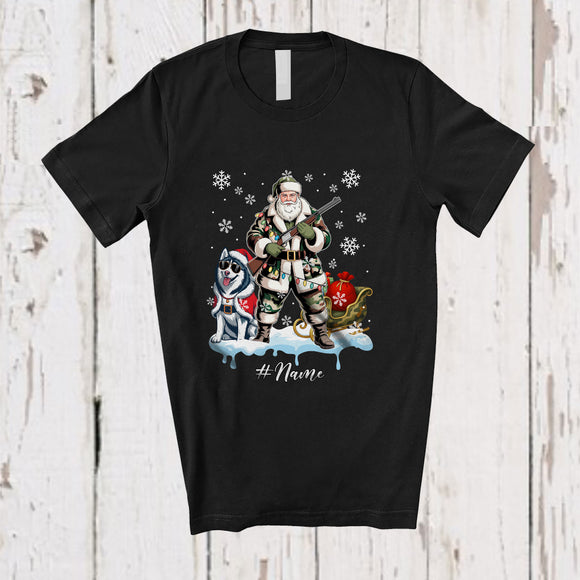 MacnyStore - Personalized Custom Name Santa Go Hunting Husky; Awesome Christmas Lights Hunter T-Shirt