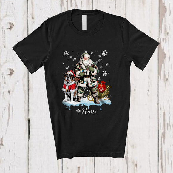 MacnyStore - Personalized Custom Name Santa Go Hunting St. Bernard; Awesome Christmas Lights Hunter T-Shirt