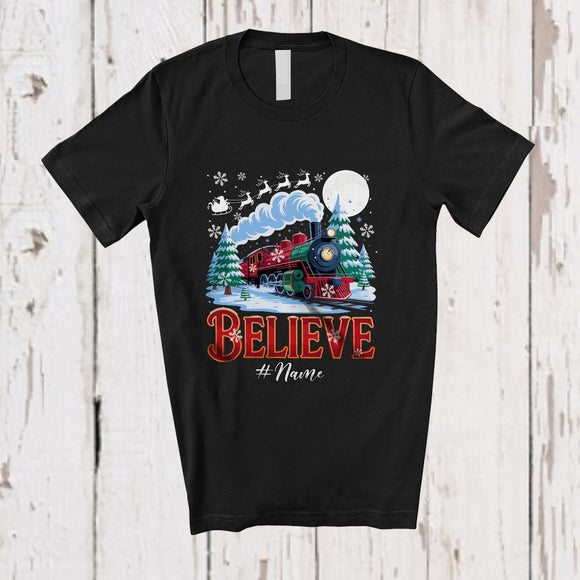 MacnyStore - Personalized Custom Name Believe; Amazing Christmas Snow Santa Go By Train Lover; Family Group T-Shirt