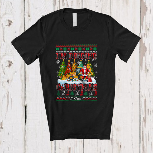 MacnyStore - Personalized Custom Name Digging Christmas; Joyful Plaid Sweater Santa On Excavator Backhoe Loader T-Shirt
