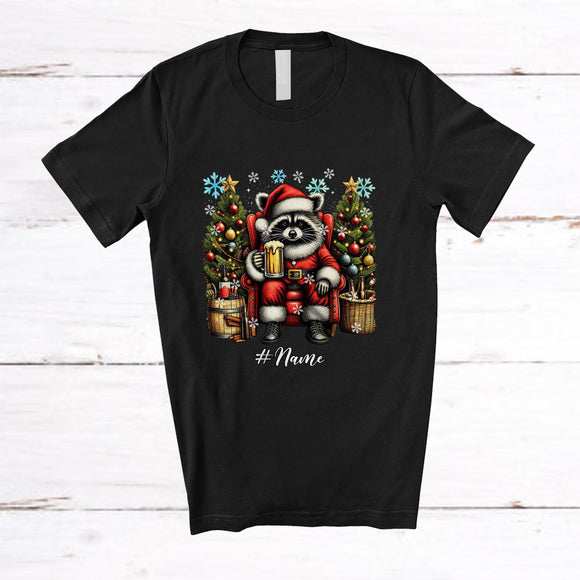 MacnyStore - Personalized Custom Name Santa Raccoon Drinking Beer; Sarcastic Christmas Tree Drunker T-Shirt