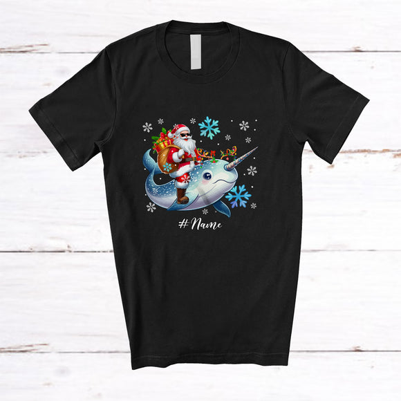 MacnyStore - Personalized Custom Name Santa Riding Narwhal Reindeer; Lovely Christmas Narwhal Snow Around Animal Lover T-Shirt