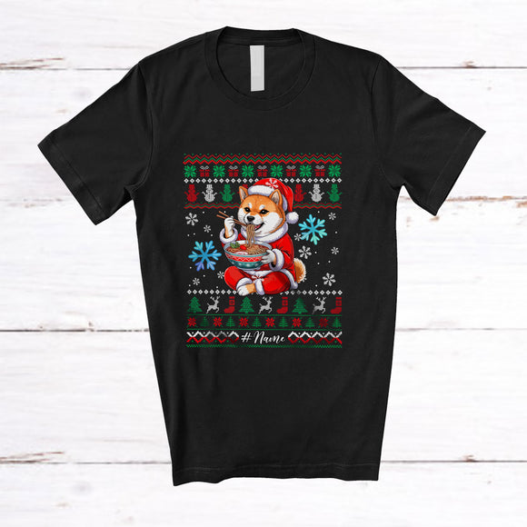 MacnyStore - Personalized Custom Name Shiba Inu Eating Ramen; Adorable Christmas Sweater Japanese Food T-Shirt