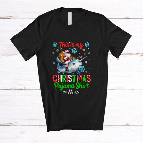 MacnyStore - Personalized Custom Name This Is My Christmas Pajama Shirt; Lovely Santa Riding Narwhal Reindeer T-Shirt