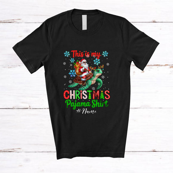 MacnyStore - Personalized Custom Name This Is My Christmas Pajama Shirt; Lovely Santa Riding Sea Turtle Reindeer T-Shirt