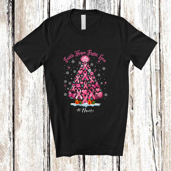 MacnyStore - Personalized Custom Name Faith Hope Fight Love; Lovely Christmas Tree Breast Cancer Pink Ribbon T-Shirt