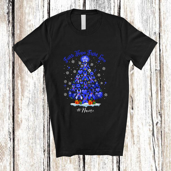 MacnyStore - Personalized Custom Name Faith Hope Fight Love; Lovely Christmas Tree Diabetes Blue Ribbon T-Shirt