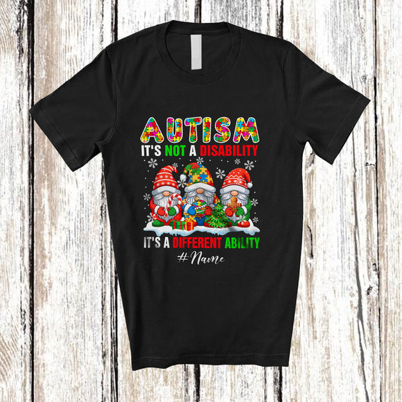 MacnyStore - Personalized Custom Name Autism It's A Different Ability; Joyful Christmas Three Puzzle Gnome T-Shirt