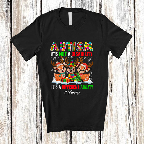 MacnyStore - Personalized Custom Name Autism It's A Different Ability; Joyful Christmas Three Puzzle Reindeer T-Shirt