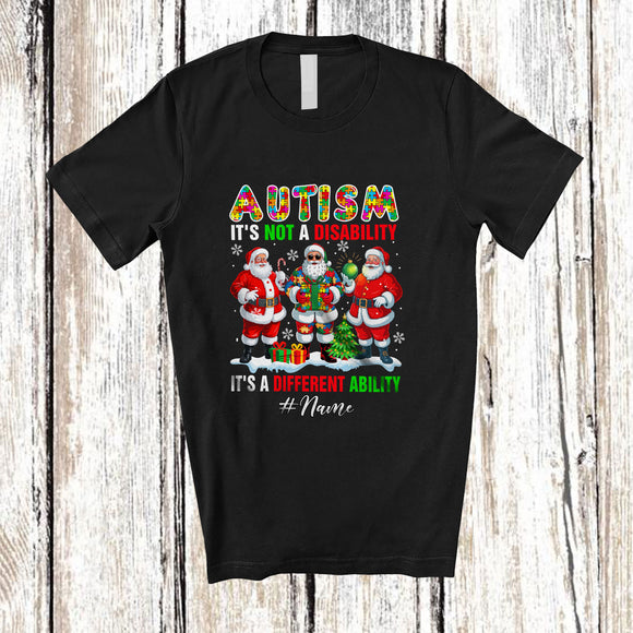 MacnyStore - Personalized Custom Name Autism It's A Different Ability; Joyful Christmas Three Puzzle Santa T-Shirt