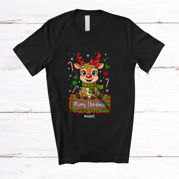 MacnyStore - Personalized Custom Name Merry Christmas; Adorable Couple Reindeer Girl Candy Canes T-Shirt